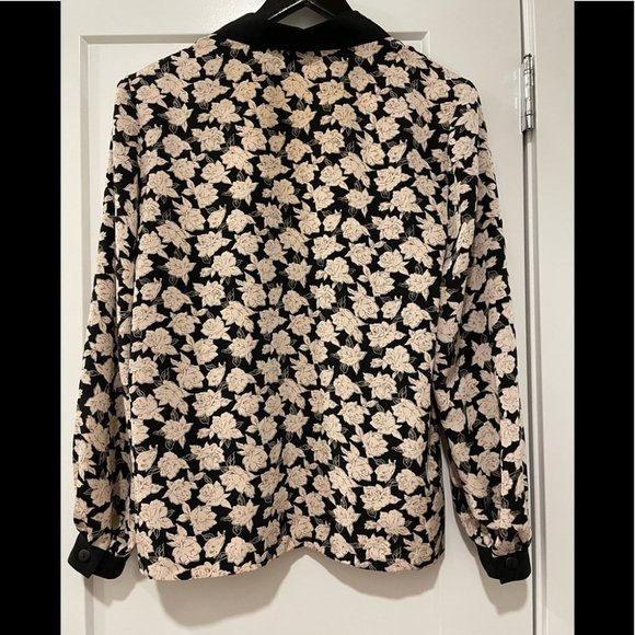 VINTAGE Black Cream Floral Print Shoulder Pad Jacket Blouse Large - Picture 5 of 15